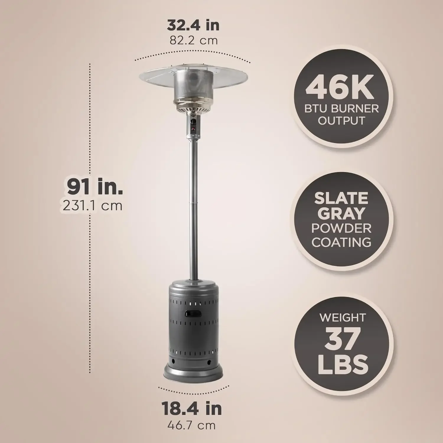 Basics Aquecedor de pátio de propano externo de 46.000 BTU com rodas, comercial e residencial, cinza ardósia, 32,1 x 32,1 x 91,3 polegadas (CxW