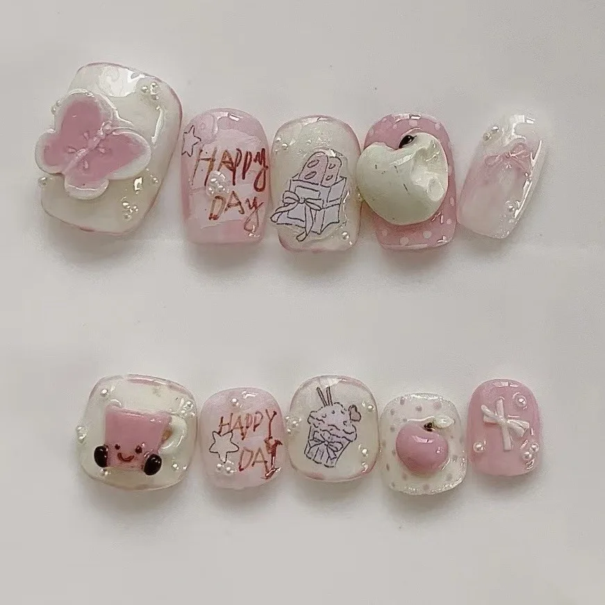 

10pcs Spring Summer Fake Nails Handmade Green Fresh Cat's Eye Press on Nails Tips Short Square False Nail Apple Design Manicure