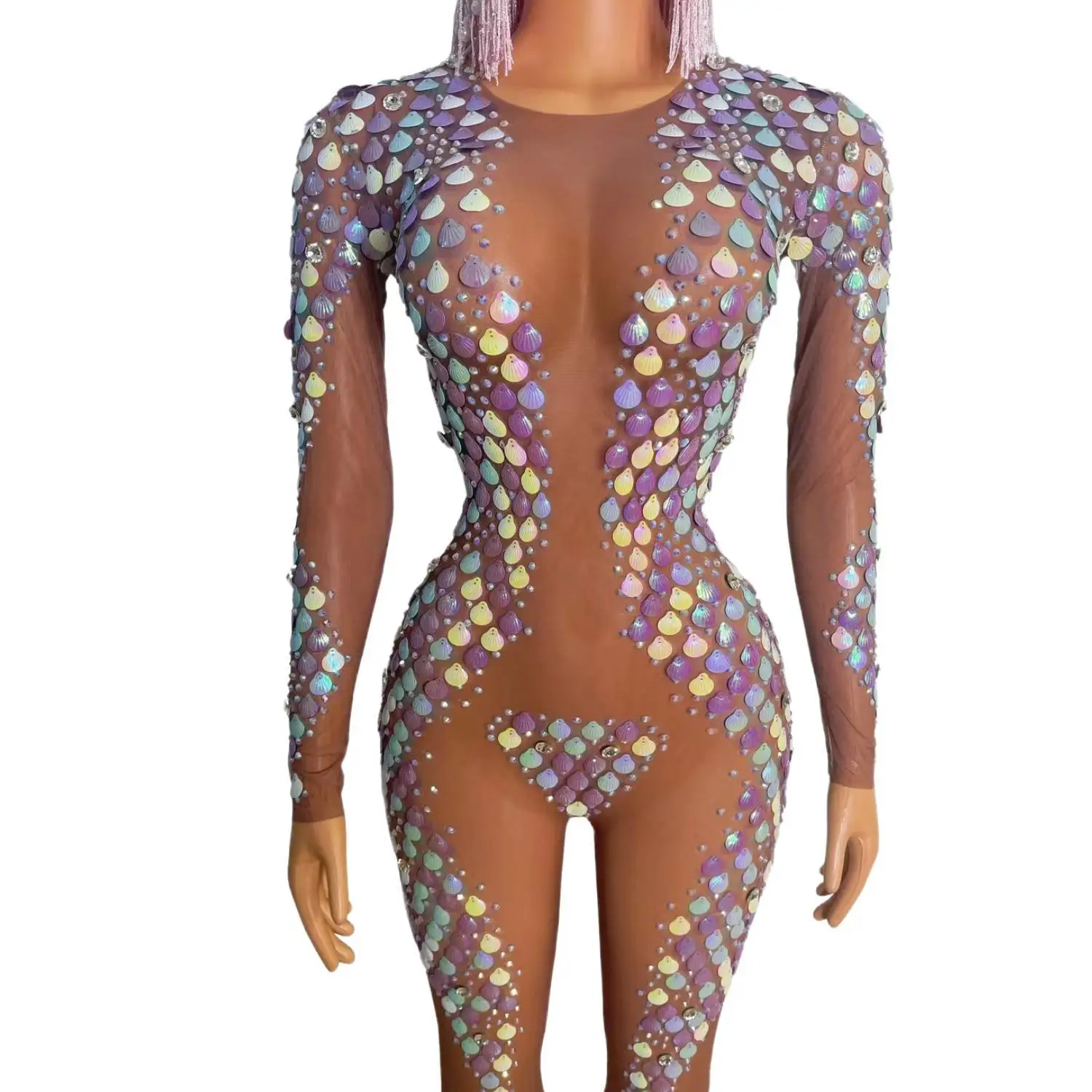 Macacão de Manga Longa em Tule Transparente com Cristais Multicoloridos Caibei, Luxuoso, para Festivais de Música e Festas