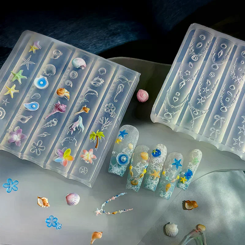 오션 시리즈 동물 실리콘 몰드 바다 조개 콘치 네일 스탬프 플레이트 불가사리 해파리 3D 소프트 참 매니큐어 몰드 스텐실 도구