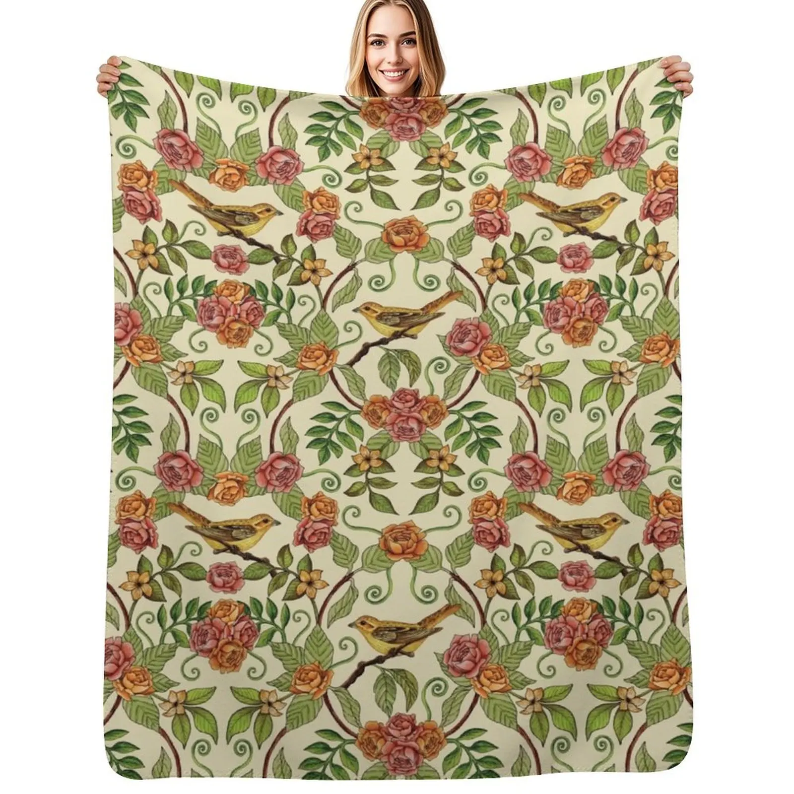

Vintage Inspired Yellow Birds and Pink Flowers Throw Blanket Warm Accent Blanket for Living Room Decoration