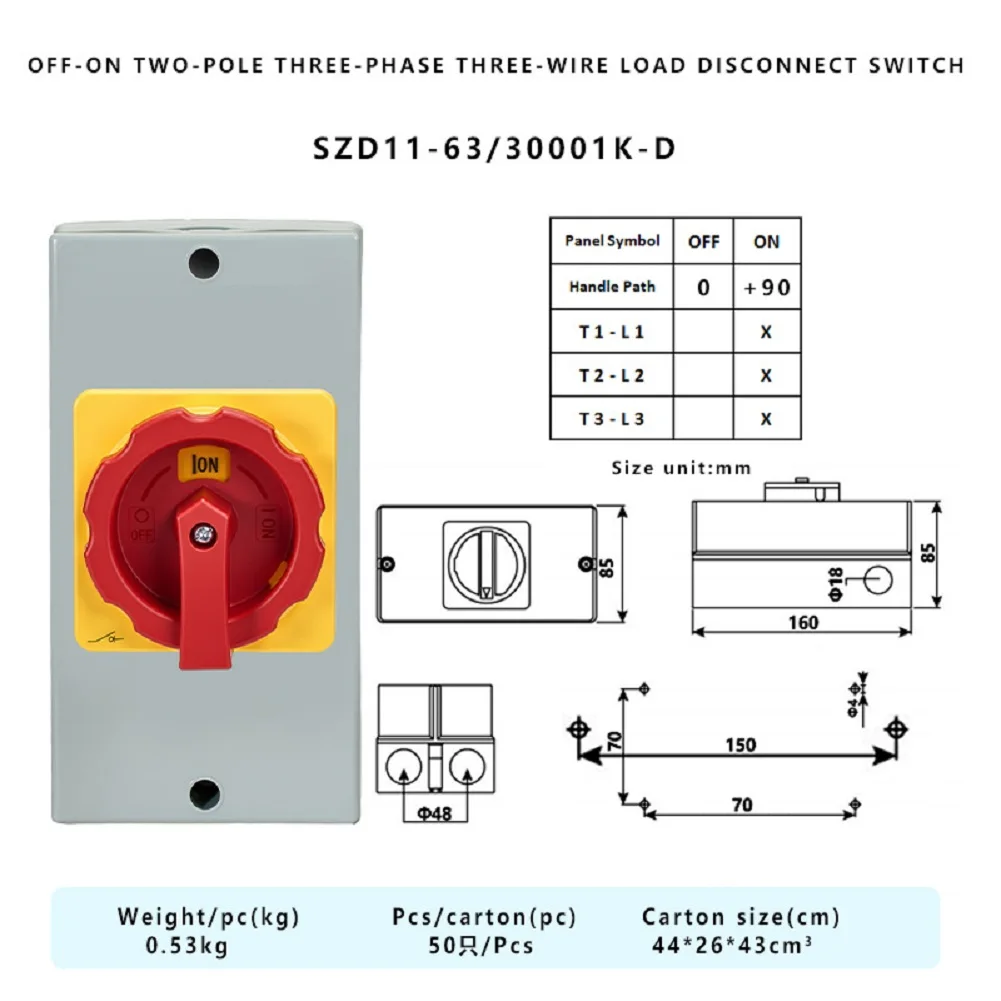 Industrial Grade 3 Phase Load Break Switch 63A 660V AC21A with Protective Enclosure for Dusty Moist Environments