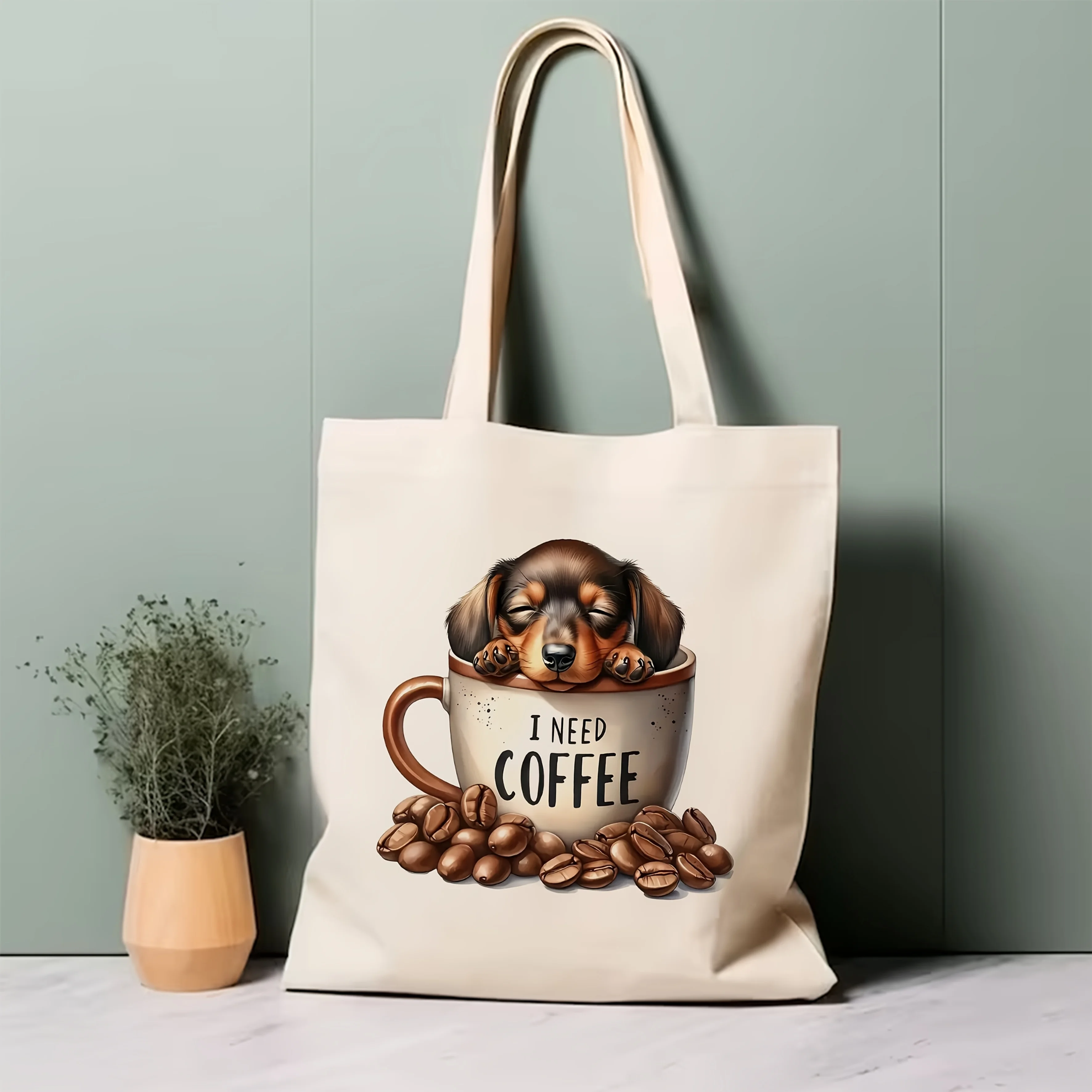 1pc Retro Dachshund in Coffee Cup Tote Bag - 