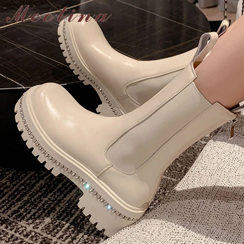 

Meotina Women Genuine Leather Ankle Boots Round Toe Thick High Heel Platform Crystal Zipper Chelsea Short Boot Lady Shoes Winter