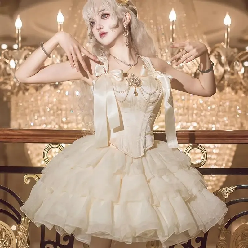 Polka Dot Jacquard Ballet Tutu Skirts Metal Rhinestones and Necklaces Decorative Fishbone Waist Corset Top and Skirt Sets Women