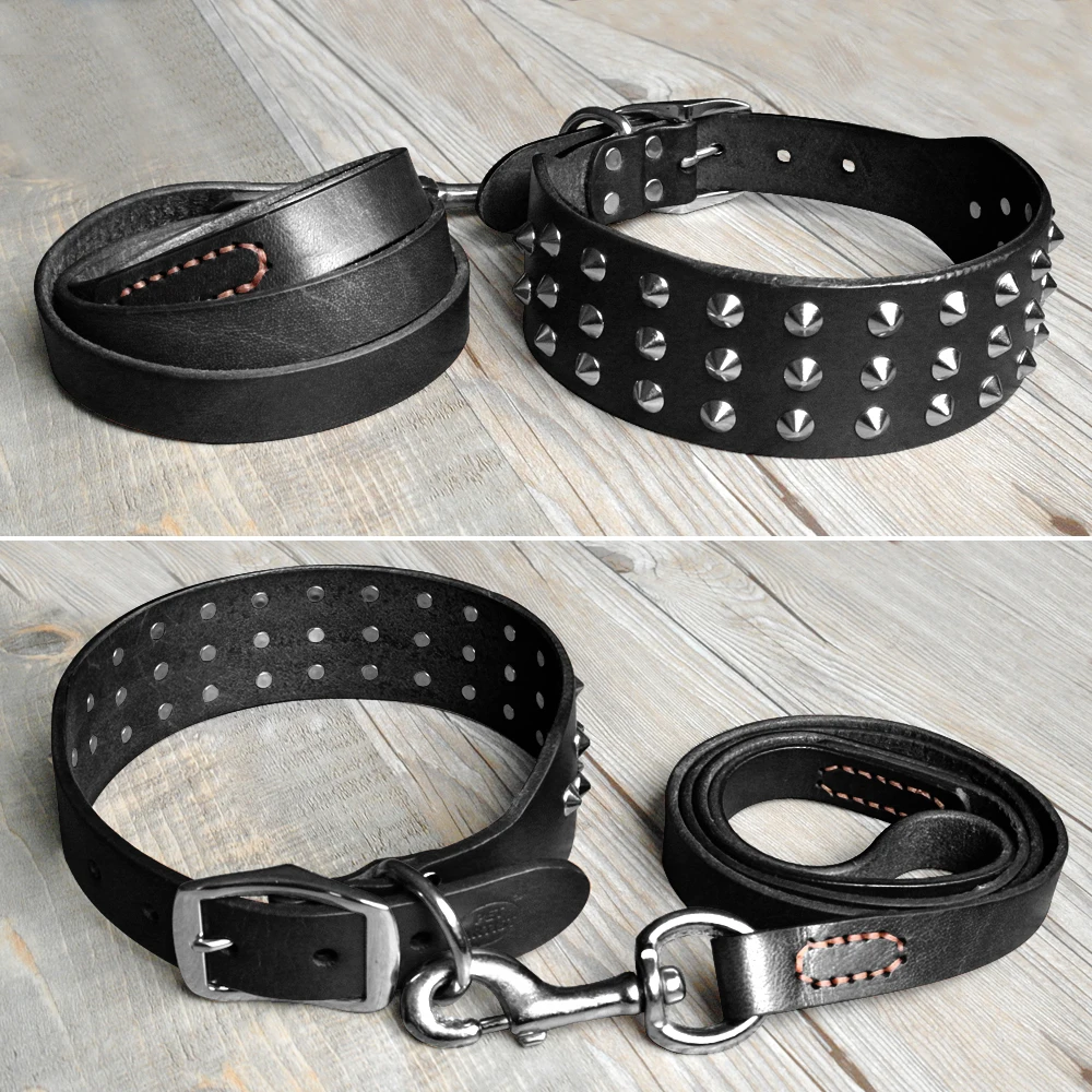 Cool Studded Genuine Leather Pet Dog Collars Leash Set For Medium Large Dog Pitbull  Boxer Bulldog S M L  Black Brown
