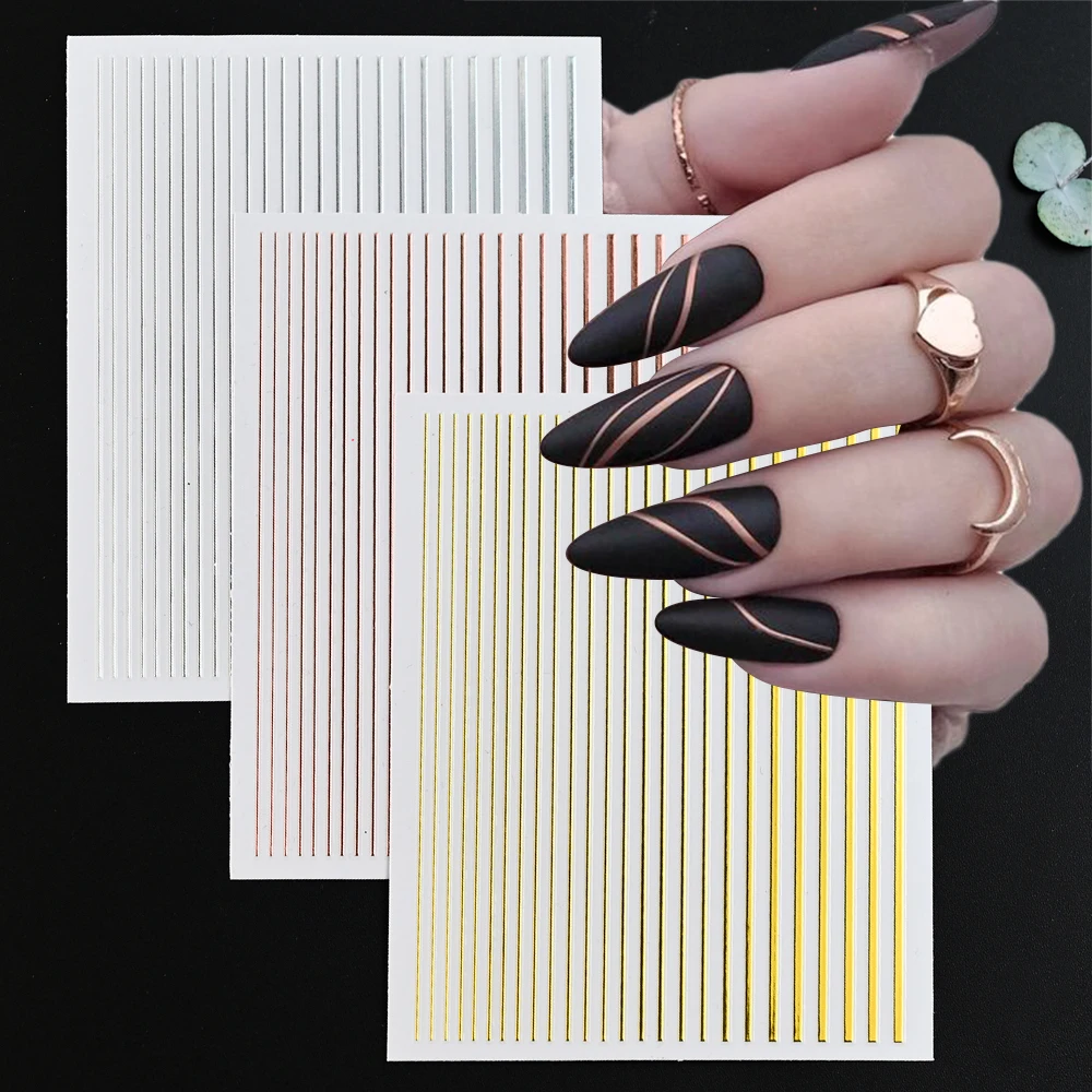 

1PC Silver Gold Black Lines Stripe 3D Nail Sticker Geometric Waved Self Adhesive Slider Nails Gel Polish Decals for Manicure