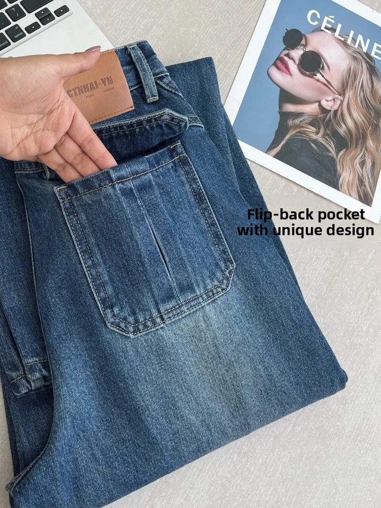 プラスサイズ アメリカンレトロ デニムジーンズ レディース 秋 ペアープレーン ルーズ ハイウエスト スリム ストレート ワイドレッグパンツ カジュアル スタイル