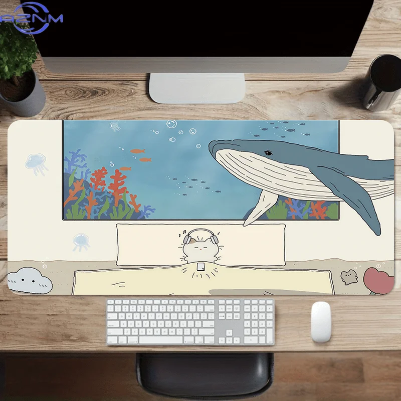 1pc Ocean World Whale & Cat Mouse Pad & Desk Mat Compatible for PC/Laptop, Non-Slip Base & Smooth Surface, Soft Keyboard Mat for