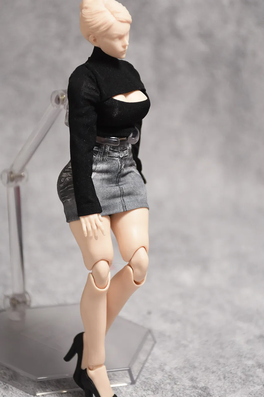 【Clothing Only】1/10 Sexy Versatile Denim Skirt High Neck Short  Open Chest Sweater Set For 7inchs Female Action Figures Body