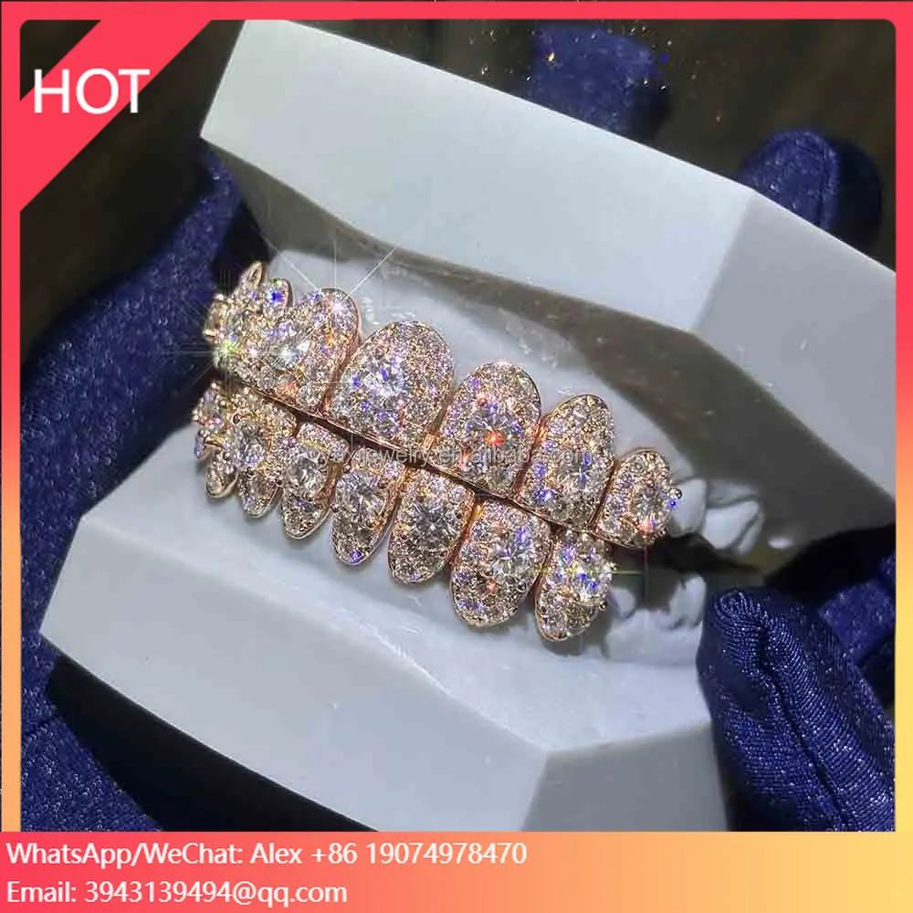 

Custom Top Bottom 10 8 6 S925 Silver 10K 14K 18K Rose Solid Gold Plated VVS Flawless Moissanite Lab Diamond Teeth Grillz For Men