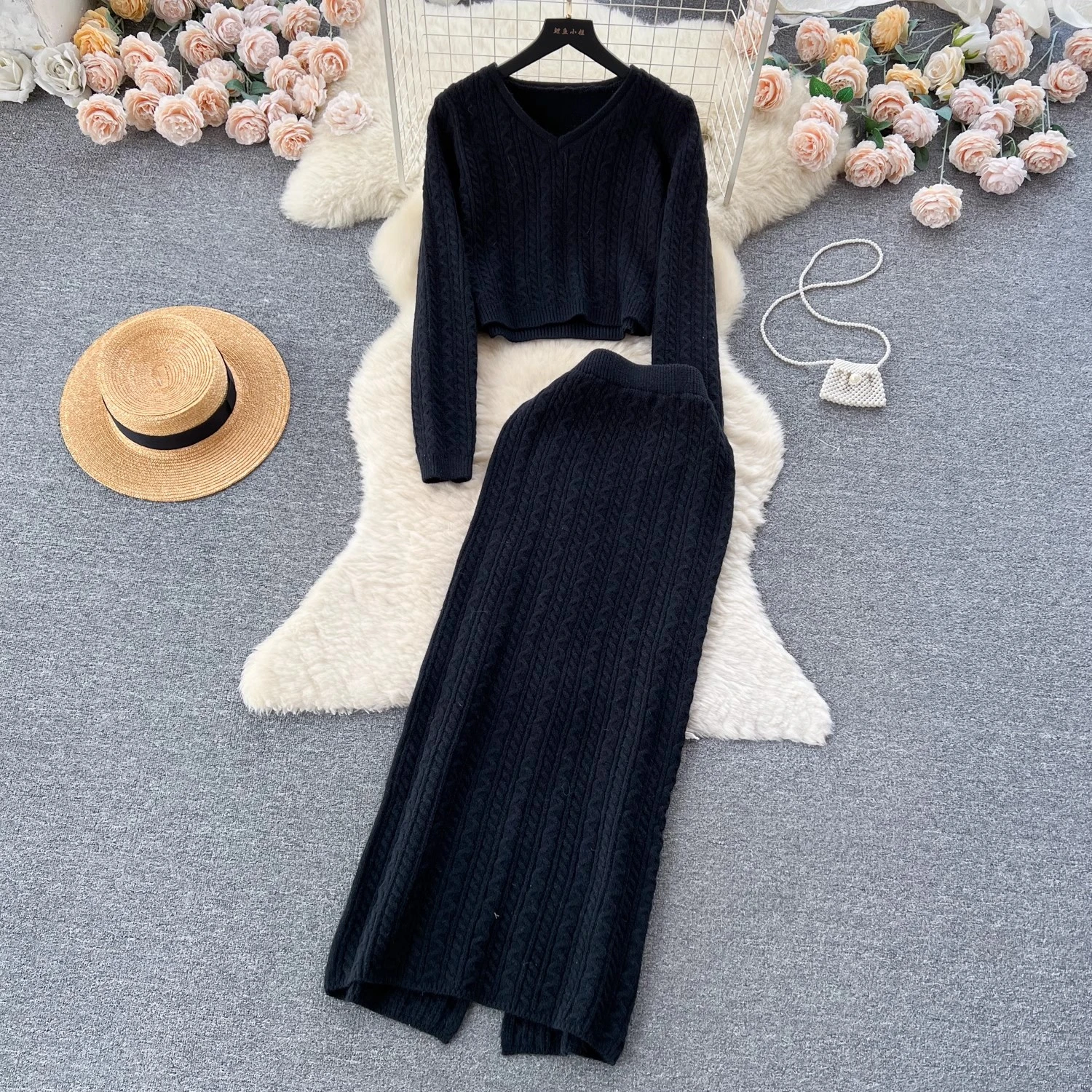 Autumn Winter Women Vintage Twisted Knitted Skirt Suits Fashion Short Pullover Sweater And Split Hem Long Skirt Two Piece Set