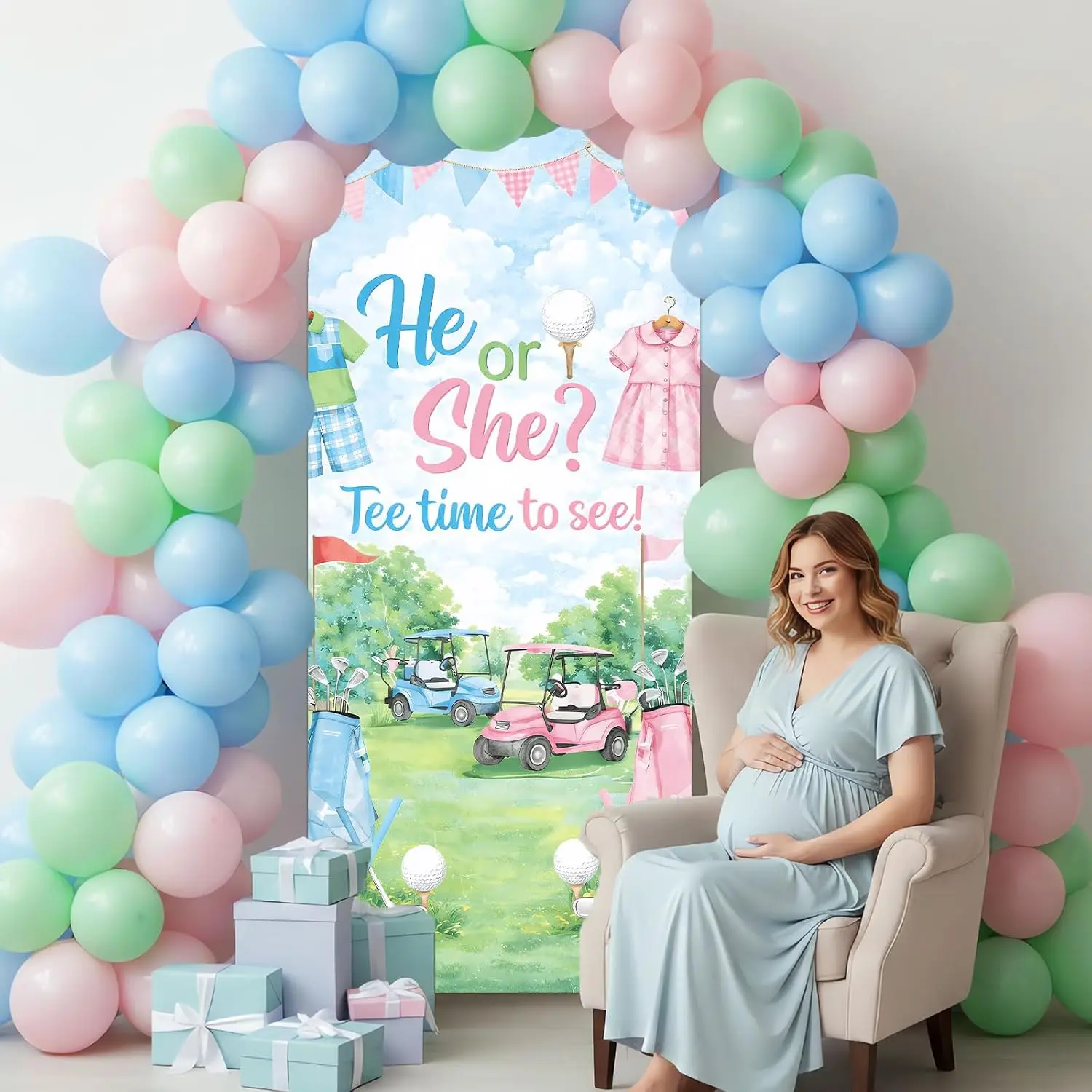 Custom 2-sided Golf Gender Reveal Arch Backdrop Cover Pink Blue He or She Golf Party Banner Background Baby Shower Photo Booth