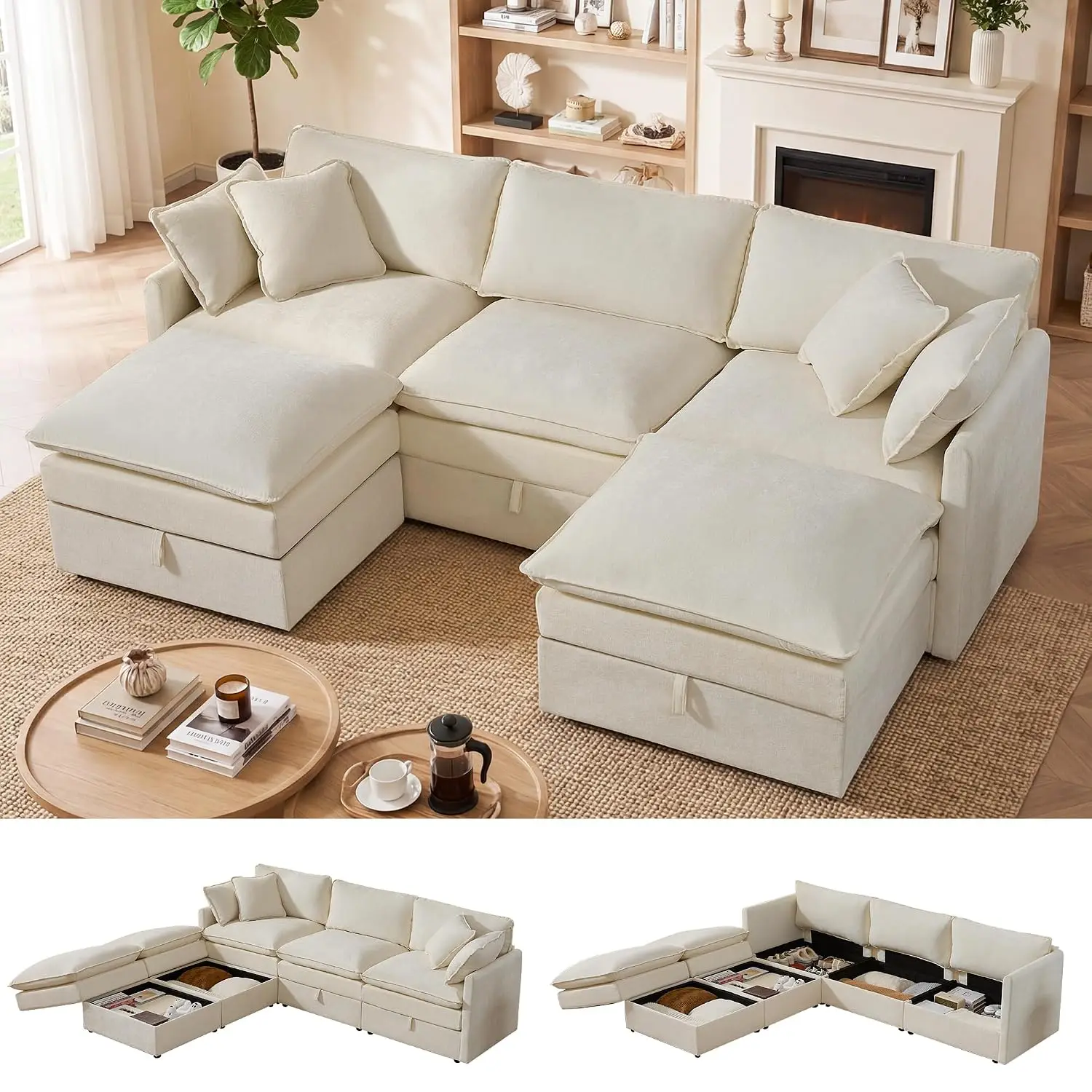 Modular Sectional Sofa with Storage Ottoman,103in U-Shaped Cloud Sofa with Pillows & Deep Cushion for Living Room, Customized