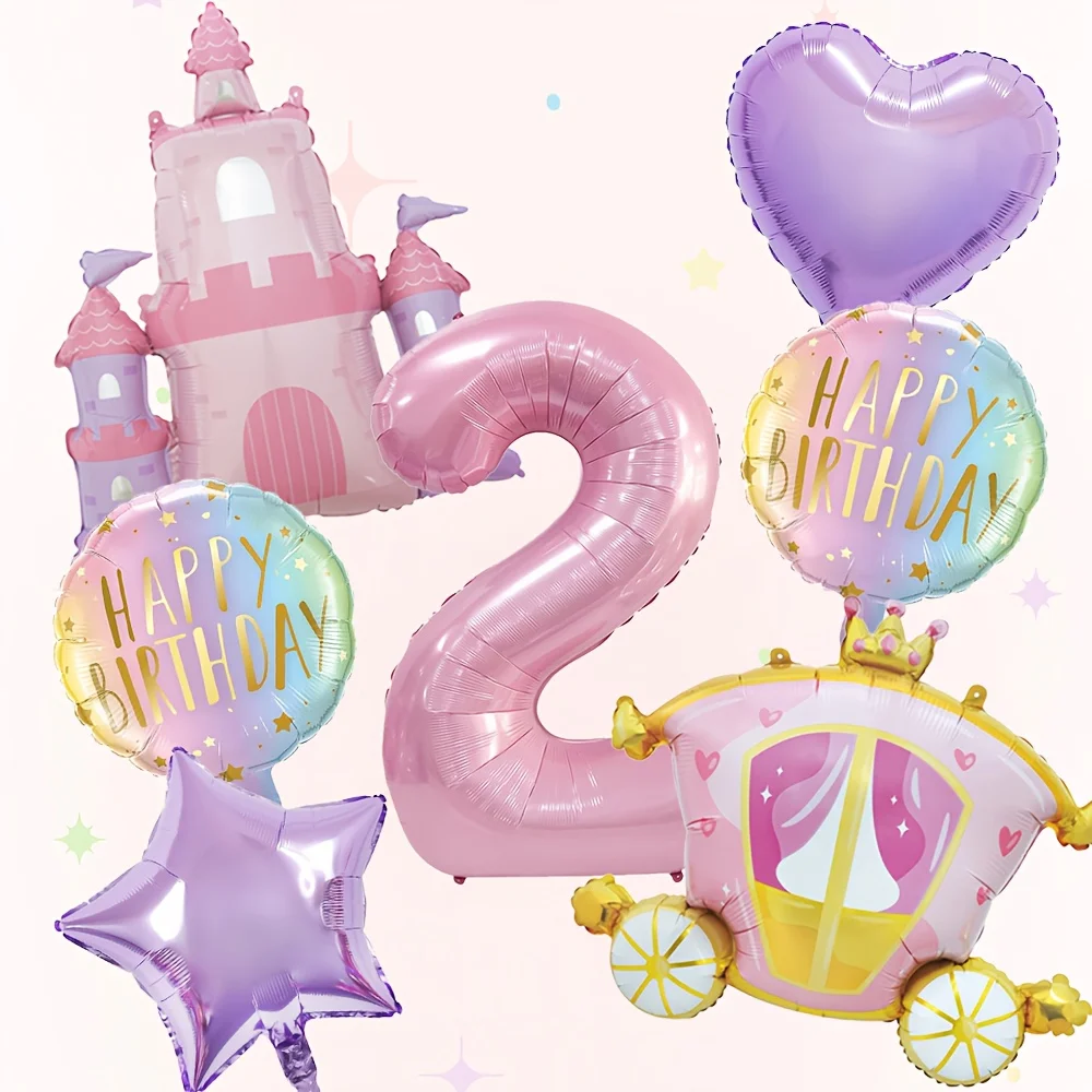 7-teiliges Prinzessinnen-Themen-Set mit Schloss und Kutsche, Aluminiumfolienballons für Geburtstagspartys und Babypartys, Luftballons und Dekorationszubehör – Detail 4