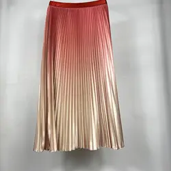 Shiny Gradient Elasitc High Waist Pleated Women Midi Skirt 2024 Summer Office Lady HIgh Street Skirt Women Clothes