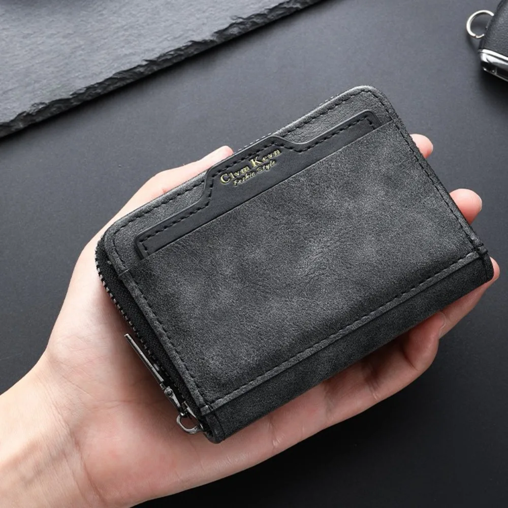 PU leather men's short small wallet with multiple compartments, lightweight zipper and contrasting color coin purse