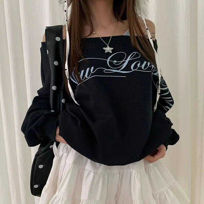 

Streetwear Letter Skew Collar Printed Sweatshirts Female Clothing Long Sleeve Spring Autumn Loose Casual Off Shoulder Pullovers