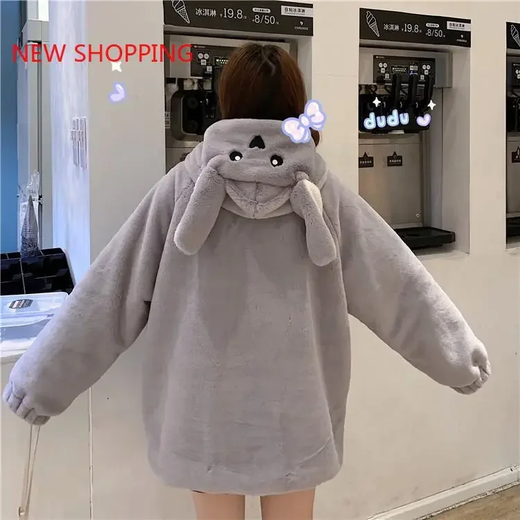 Furry Bomber Jacket Autumn Winter Girls Warm Thick Move Ears Hooded Plush Cotton Padded Coat Parka Faux Fur Puffer Cardigan Tops