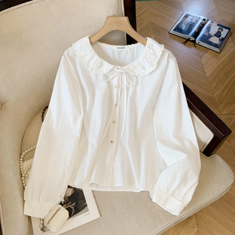 

Women's White Lace Doll Collar Lace-Up Shirt 2000s Aesthetics Fashionable Elegant French Loose Retro Long-Sleeved Short 90s Top