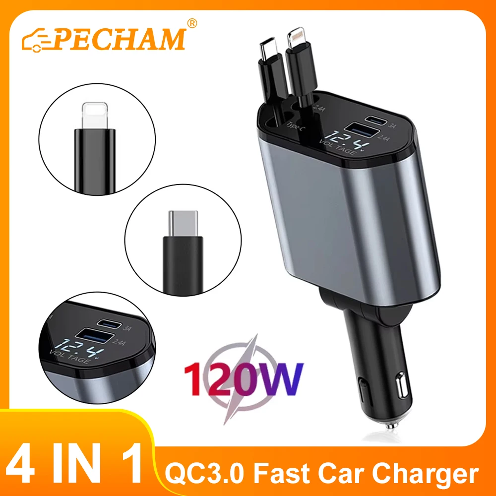 120W Fast Car Charger, 4 in 1 Retractable Charge Car Phone Charger Adapter, Retractable Cables USB-C and 2 USB Ports Car Charger