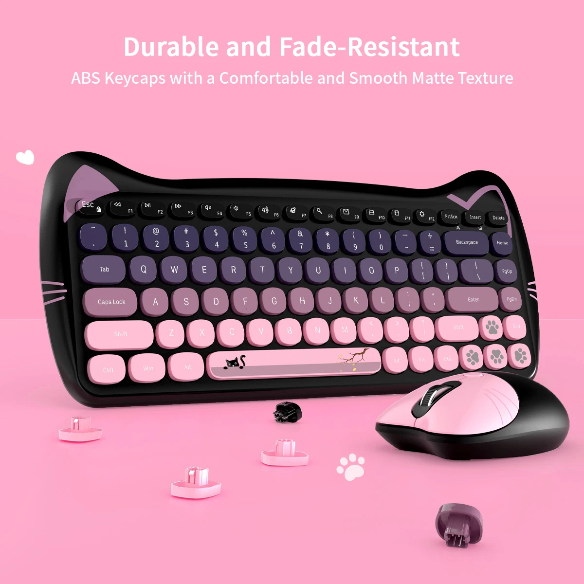 GEEZER Cat Ear Wireless Keyboard Mouse Set, Black Pink Gradient Cat Paw Keycaps Ergonomic Office Combo for Laptop Desktop PC