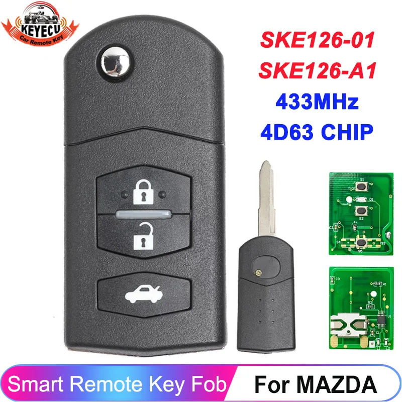 KEYECU-SKE126-01 de Chip 4D63 de 433MHz para Mazda 2, 3, 5, 6, MX5, RX8, CX7, 2007, 2008, 2009, 2010, mando a distancia de 3 botones