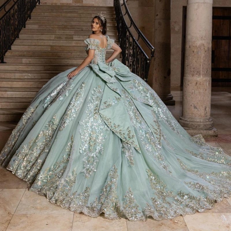 

Light Green Shiny Quinceanera Dresses Off The Shoulder Applique Lace Beading Crystal Bow Tull Party Birthday Sweet 16 Dress Vest