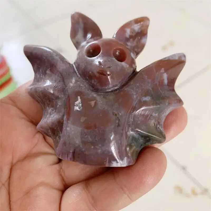 Natural Ocean Jasper Halloween Bat Carving Healing Crystals Carving Halloween Gift Home Decoration 1PCS