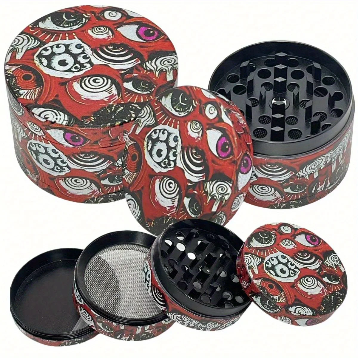 Molinillo de hierbas con ojos de Metal de 50mm, trituradora de especias de 4 capas, pimienta, sal, mortero, molinillo de hierba cruda, molinillo de tabaco, herramienta de cocina para fumar