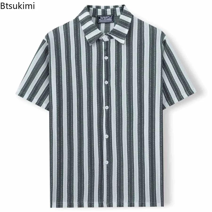 

Мужские летние тканые полосатые рубашки, повседневные кардиганы на пуговицах с короткими рукавами, топы для мужчин, летняя модная пляжная повседневная рубашка, мужская