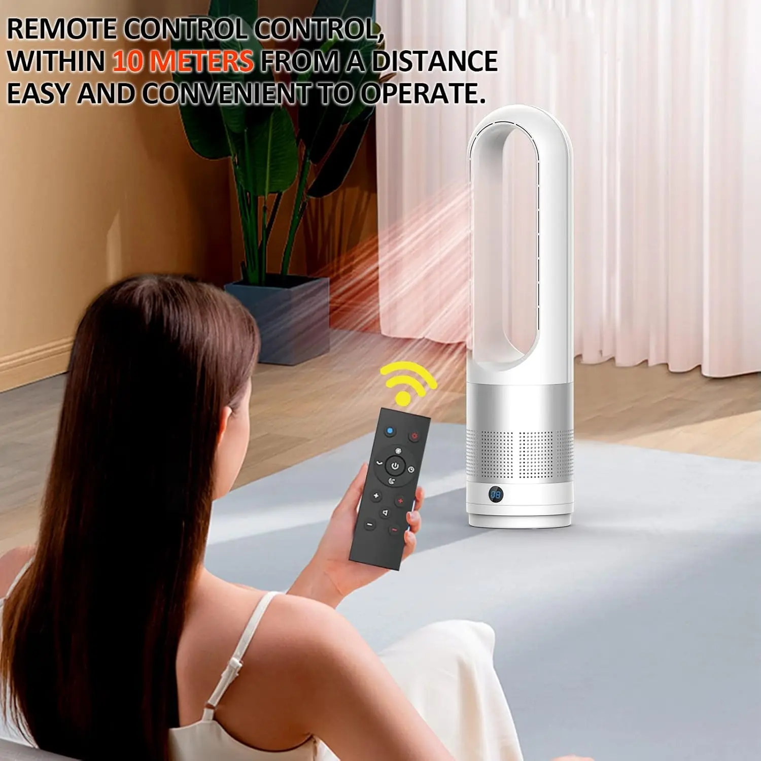 Безлопастной башенный вентилятор, комбинированный вентилятор с обогревателем пространства и пультом дистанционного управления 80 ° Осциллирование 8-скоростной 9-часовой светодиодный дисплей таймера