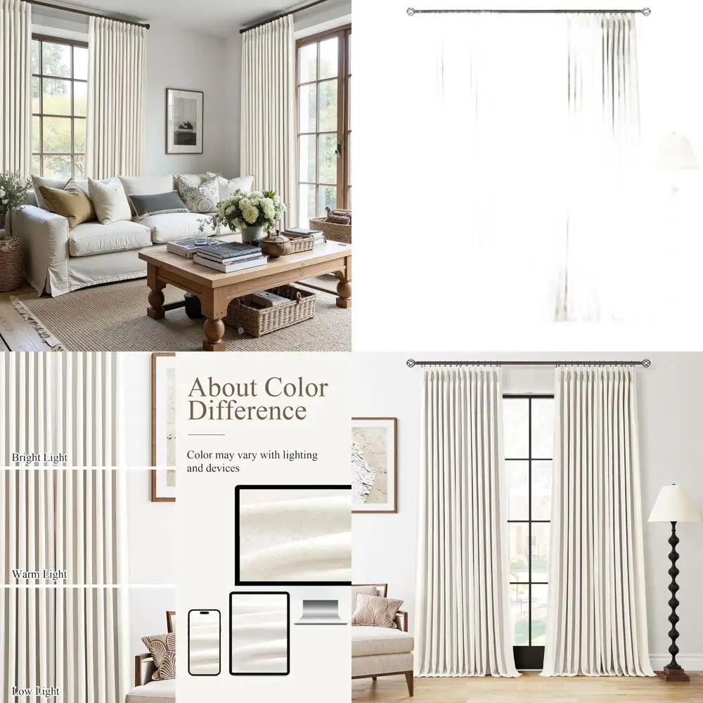 

Льняные шторы с плиссировкой, 90 дюймов в длину, комплект из 2 панелей, полное затемнение, термоизоляция, натуральный стиль бохо-фармхаус, кремовый цвет