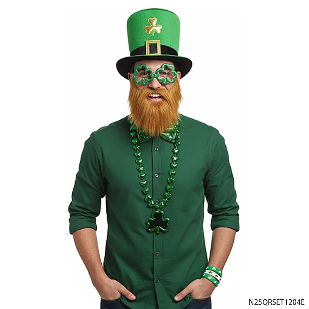Lucky St. Patrick’s Day Costume Accessories:Leprechaun Hat, Beard, Shamrock Beads, Glasses, Wristbands Bow Tie Festive Irish Set