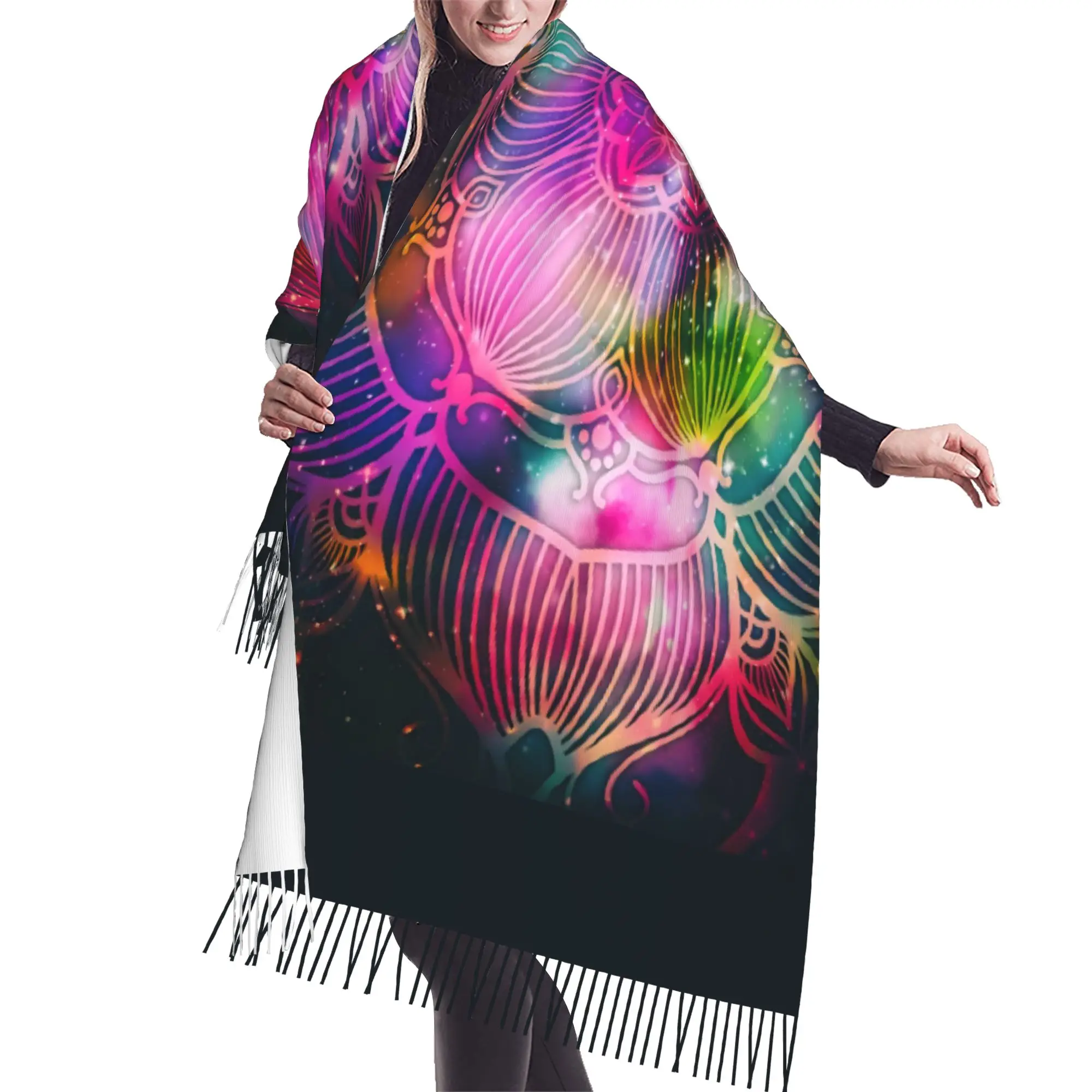 Custom Long Flower of Life in Lotus Mandala Scarves Women Winter Thick Warm Tassel Shawl Wrap Buddhism Aum Yoga Meditation Scarf