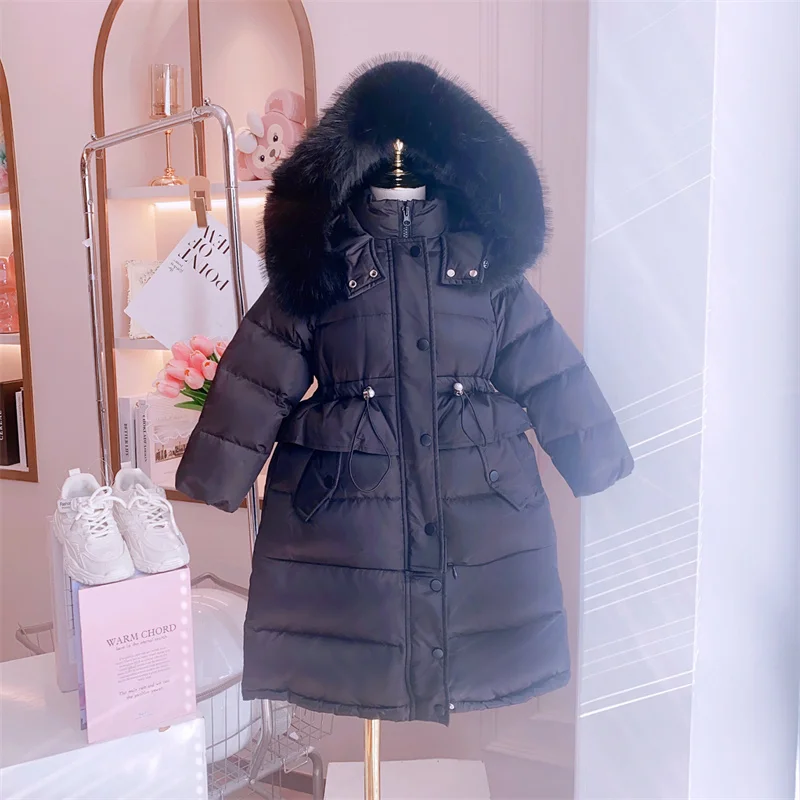 2023 Winter Girls Sweet Long Down Jackets Hooded Big Fur Collar Kids Parkas Children Clothes Girls Windproof Thicken Warm Coats