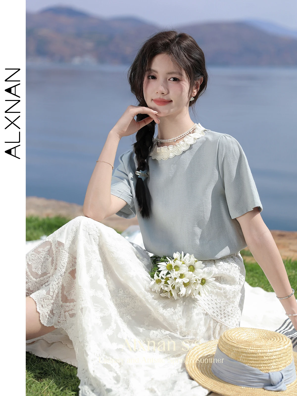 ALXNAN Round Neck Blue T-shirt 2024 Summer Elegant Short Sleeve Top for Women Solid Casual Womens Pullovers Clothing L36512SY