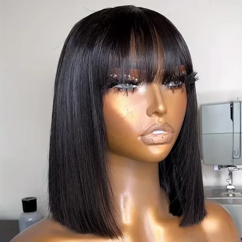 

Bob Wig Human Hair Glueless Wear And Go Short Wigs With Bangs Pre Cut 2x4 Lace Closure Wig Straight Glueless Bob Wigs for Women