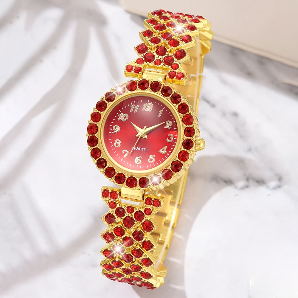 6PCS/Set Women's Red Alloy Watch Strap Fashionable Rhinestone Quartz Watch Necklace Earrings Jewelry Set