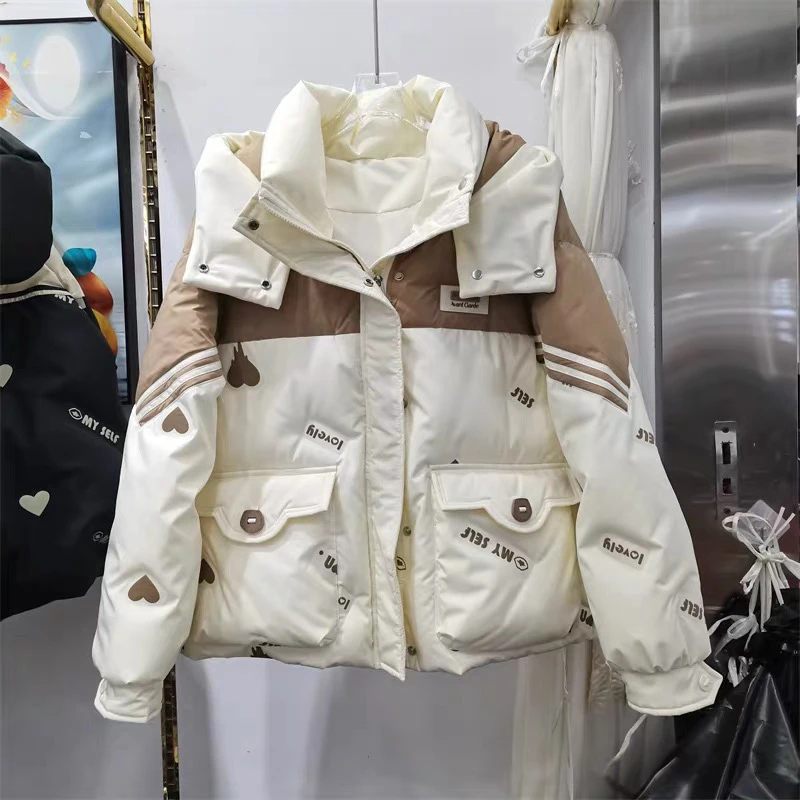 

Женская зимняя куртка из хлопка с пуховым наполнителем, теплая, со съемным капюшоном, в корейском стиле, свободного кроя, на молнии