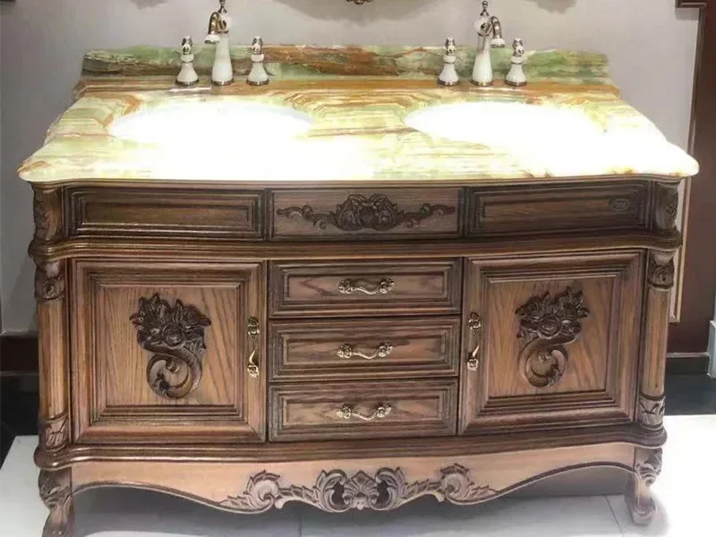 

European -style Bathroom Cabinet Oak Solid Wood Marble Table Double Pot Dual -basin Toilet Toilet Bathing Bathroom Combinat