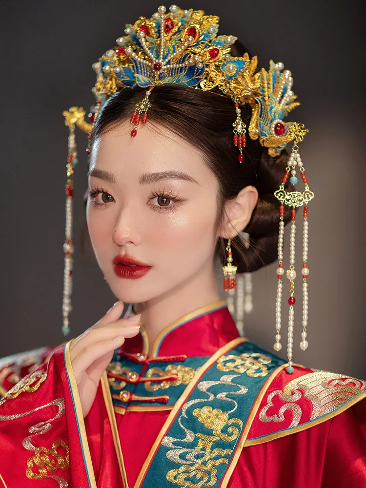 Chinese Traditional Phoenix Crown Bridal Headdress Tassel Pearl Hanfu Wedding Hair Accessories Cosplay Headpiece