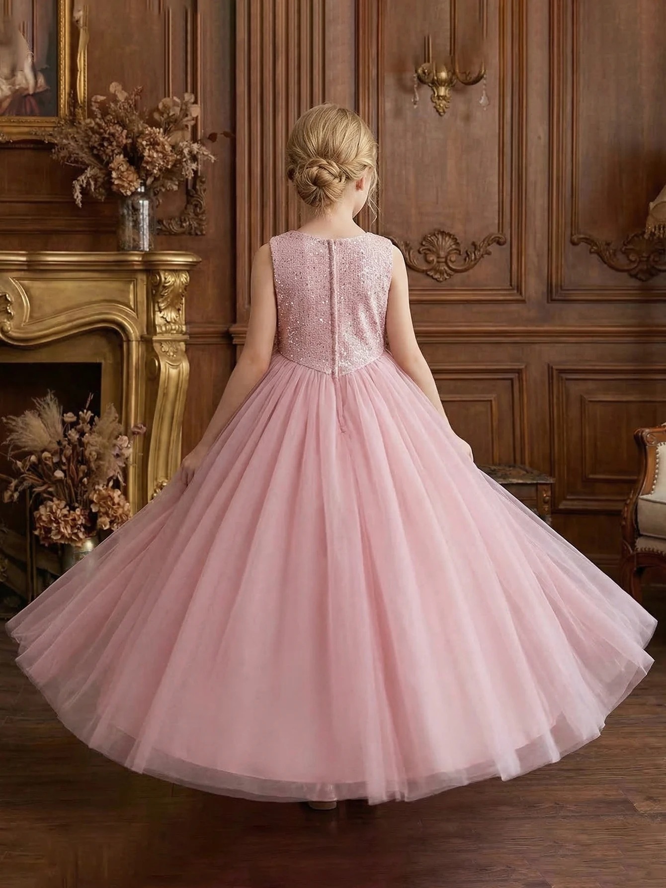 Elegant Pink Dress for Tween Girls, High-end Sequined Beaded,Sleeveless,Flower Girl Wedding Dress,A-line Skirt,long Tulle Dress