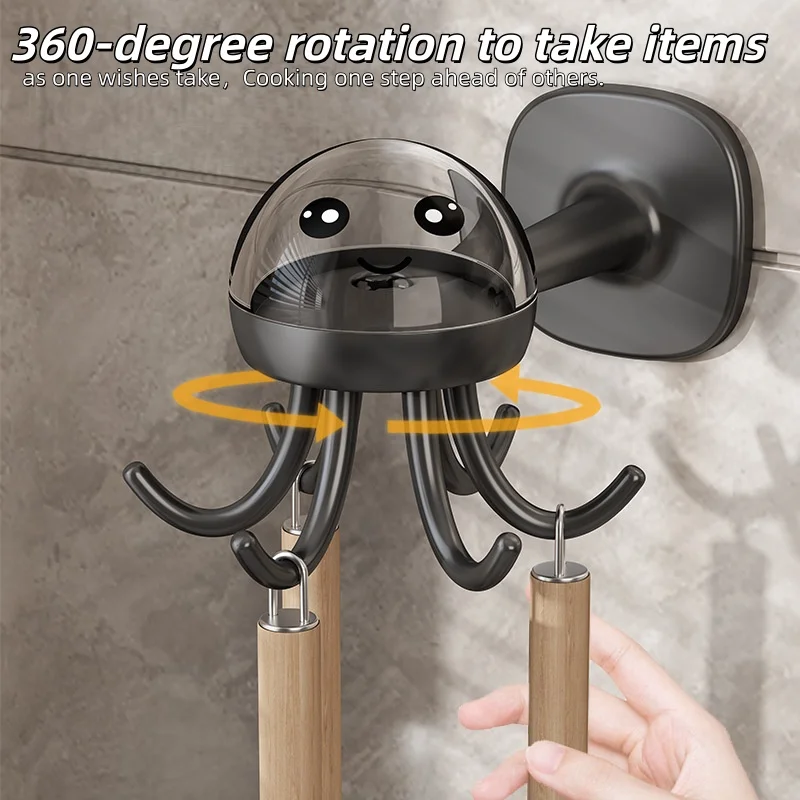 1pcs Small octopus kitchen rotating six-claw hook storage hole-free multifunctional wall shelf nail-free spatula sundries rack