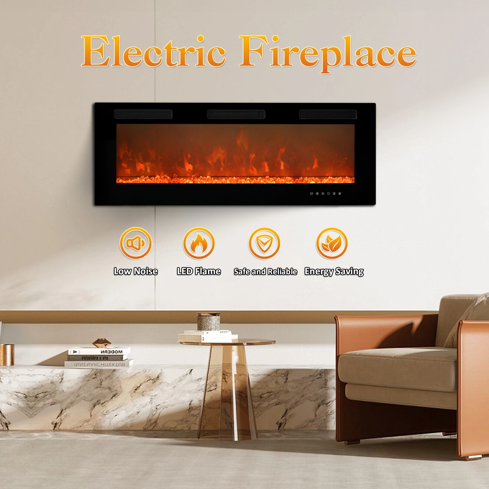 50 Inch Electric Fireplace Indoor Built in Led Light Insert Wall Mount Fireplace Decorative Flame Adjustable Timer Room Heater