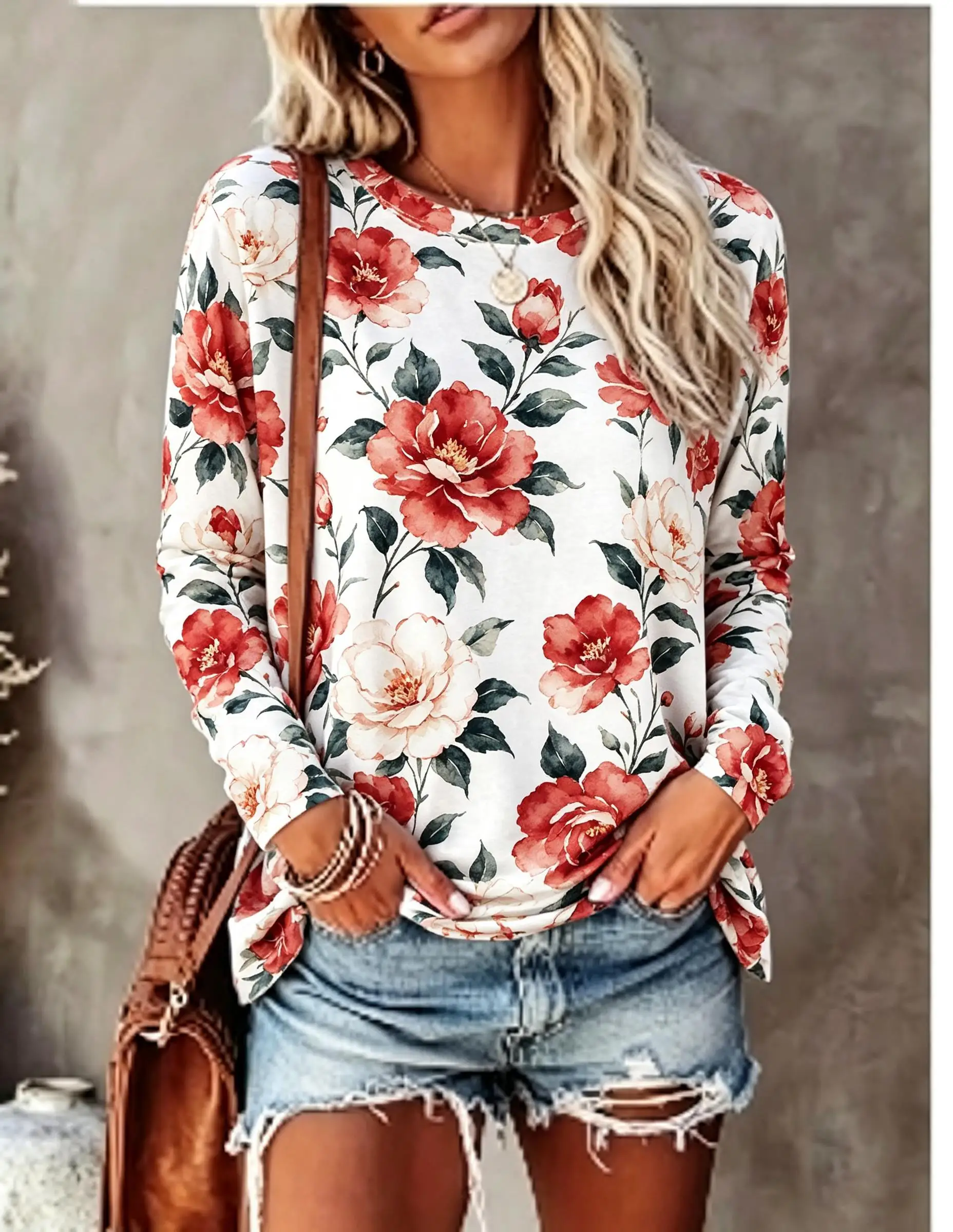Women Long Sleeve T Shirt Vintage Red Rose Floral All Over Print Crew Neck Casual Fall Tops