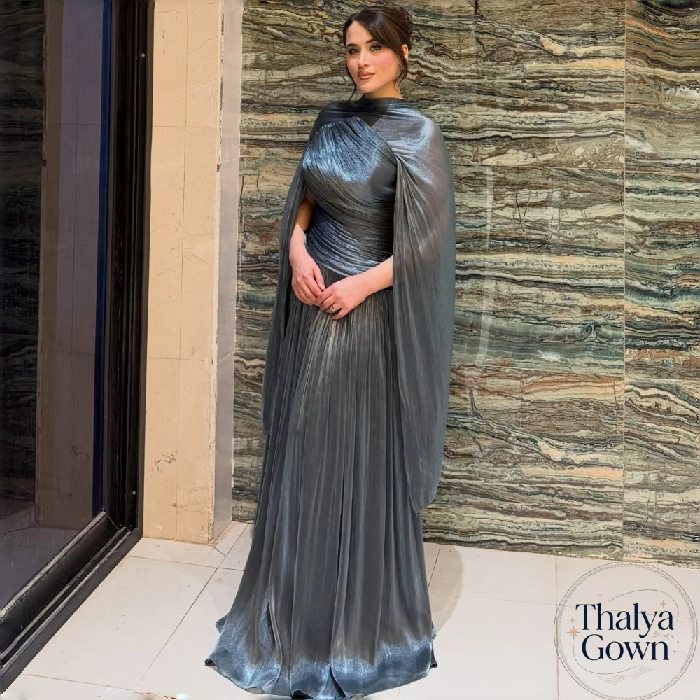Thalya Modest Pleated A-line Evening Gown Cape Sleeves O-Neck Long Formal Party Dress For Wedding Guest Custom Made فساتين سهر