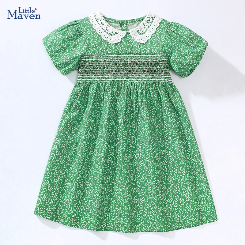 Little maven Children's Clothing Kids Clothes Baby Girls 2024 Summer Princess Birthday Cotton Turndown Collar Flowers Dress