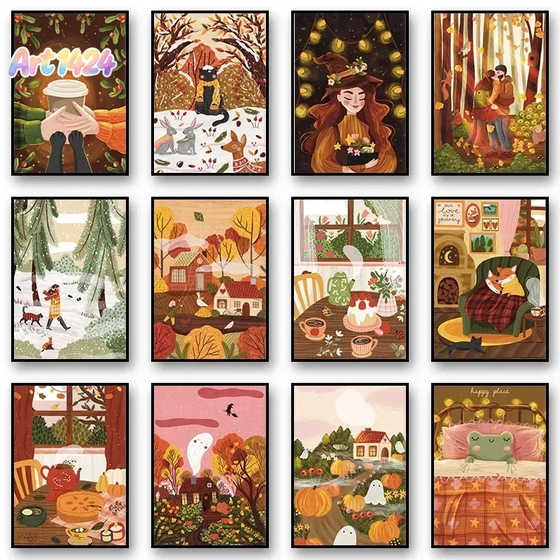 Modern Autumn Lovers Pumpkin Winter Forest Illustration Poster and Prints Canvas Printing Wall  Picture for Living Room Decor
