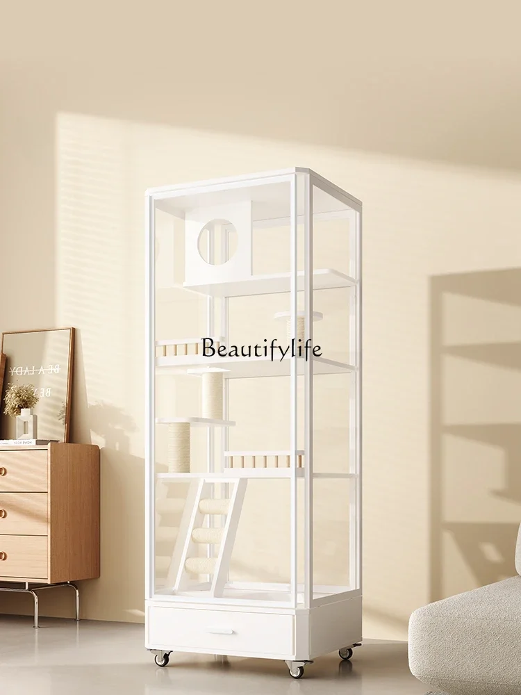 

Glass Cat Villa Does Not Cover an Area of Household Solid Wood Cat Cage Sand Basin Integrated Panoramic Cat Cabinet